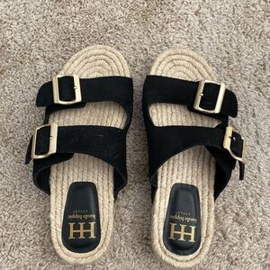 Haute Hippie Women Sz 9 Espadrille Black Suede Double-Buckle Slide Sandals NWOT